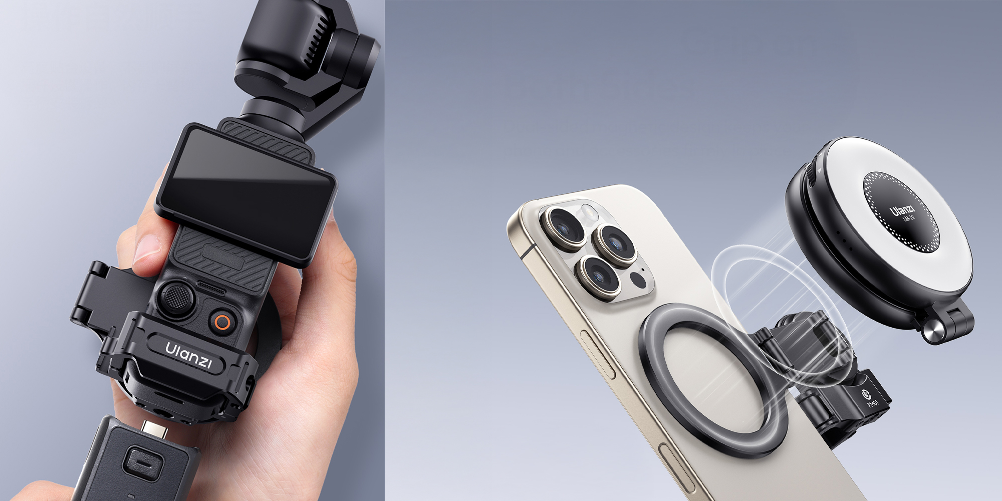 width=100% Uchwyt montażowy Ulanzi PM01 Magsafe do Osmo Pocket 3 sposoby montażu akcesoriów i samej kamery